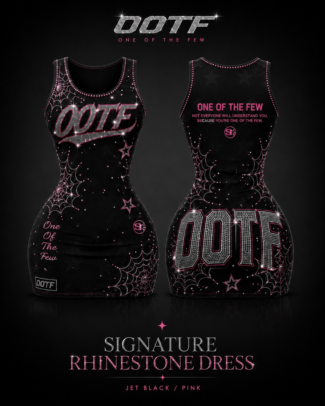 JET BLACK / PINK OOTF rhinestone dress front and back product view