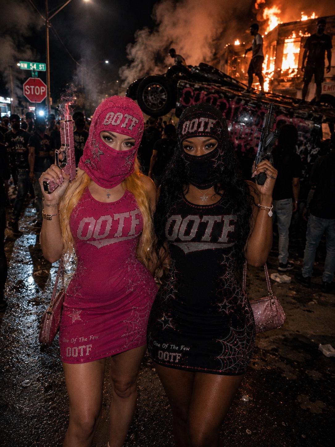Two models wearing the hot pink and jet black OOTF Signature Rhinestone Dresses in an after-dark city campaign
